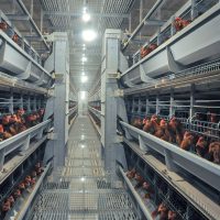 The automatic feeding system is feeding the chickens in the layer chicken cages.